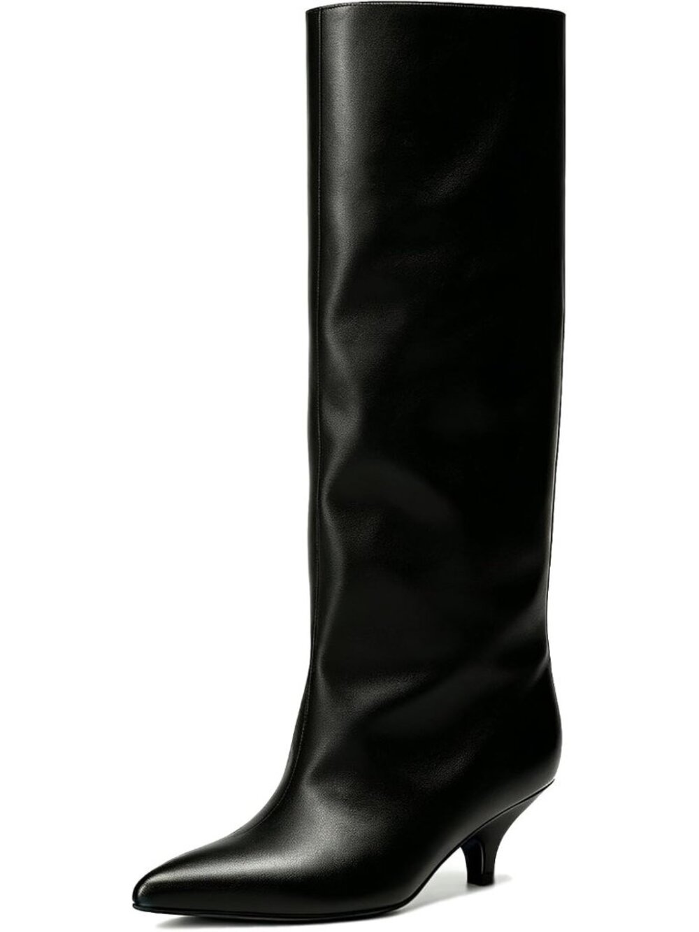 Women Black Faux Leather Pointed-Toe Folded Wide Calf Low Kitten Knee-High Boot